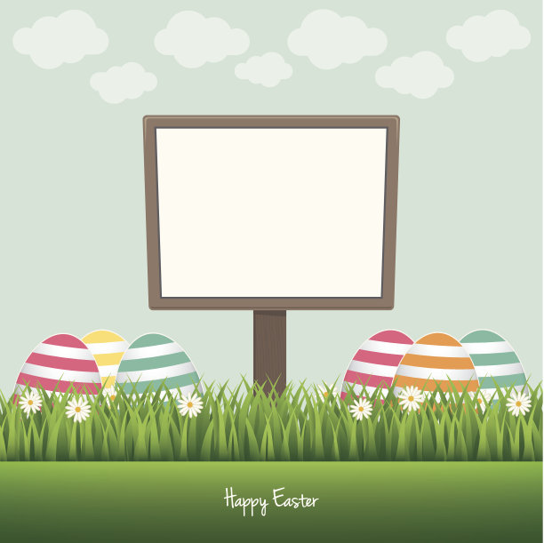复活节快乐的标志牌五彩蛋雏菊草地图片下载