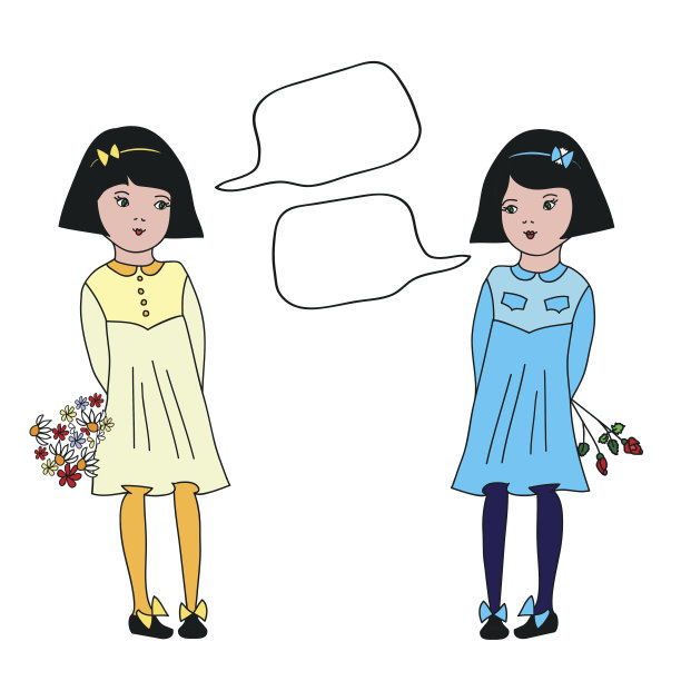 漂亮的双胞胎女孩与鲜花和讲话泡泡图片下载