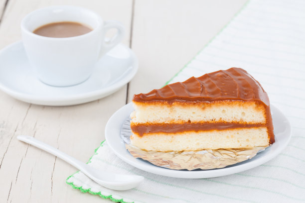 咖啡蛋糕放在白色盘子里，木桌上放着咖啡图片下载