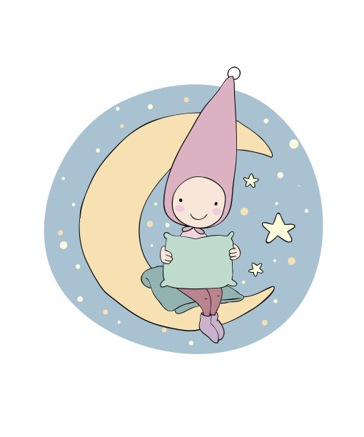 可爱的侏儒在月亮上。枕头和毯子。为儿童设计。图片下载