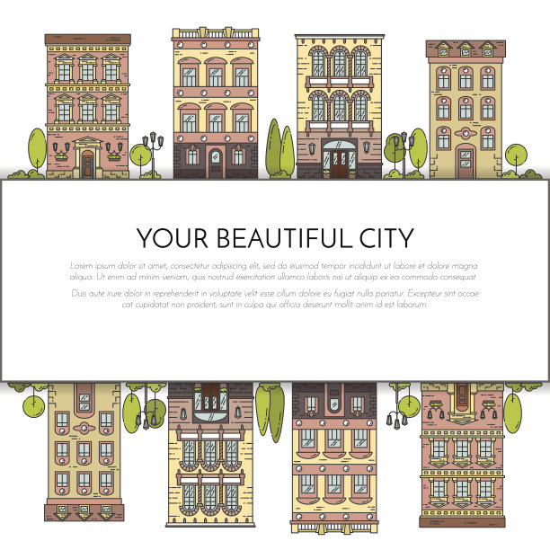 城市景观与房屋，咖啡馆，树木，公园线艺术图片下载