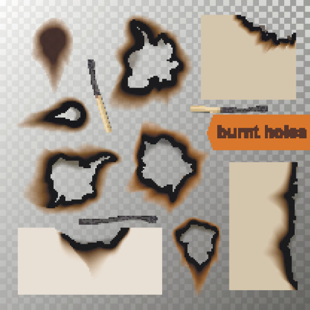 矢量现实烧伤纸洞和旗帜透明的背景。图片下载