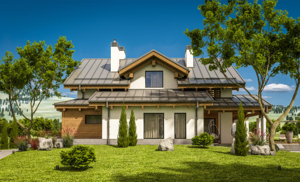 木屋风格的现代舒适住宅的3d渲染图片下载