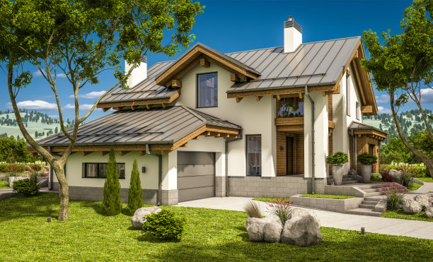 木屋风格的现代舒适住宅的3d渲染图片下载