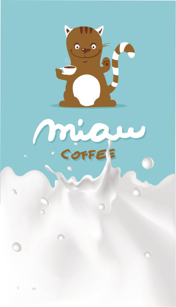 猫喝咖啡，用牛奶喷溅设计-矢量复古插画图片下载