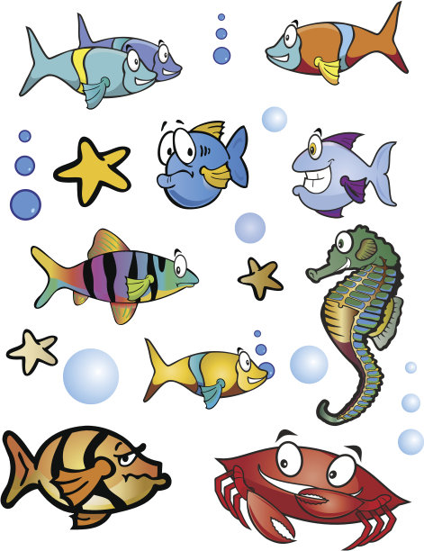 一组热带鱼，海洋生物和气泡图片下载