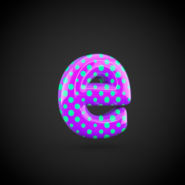 紫色字母E小写字母与蓝点孤立在白色背景。图片下载