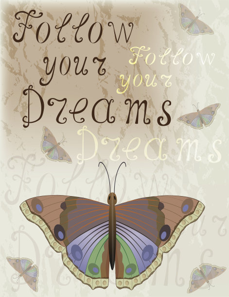 追逐你的梦想。手绘励志字母灵感垂直vintage背景与飞翔的蝴蝶图片下载