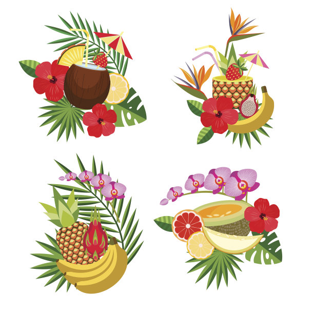 设置矢量元素的热带鸡尾酒，热带棕榈叶，花和水果。孤立在白色背景上。图片下载
