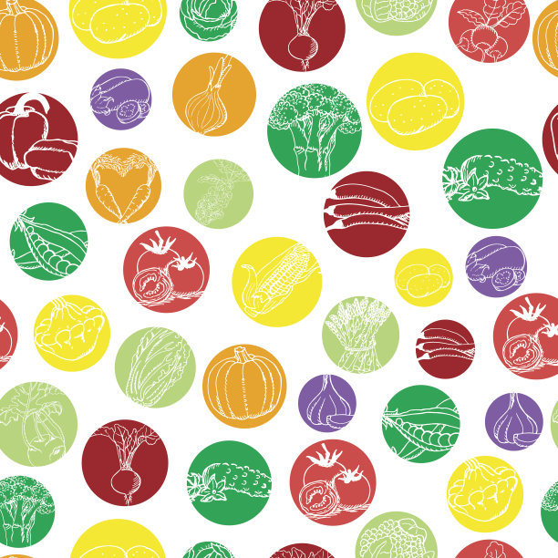 无缝图案与蔬菜在彩色圆圈上的白色图片下载