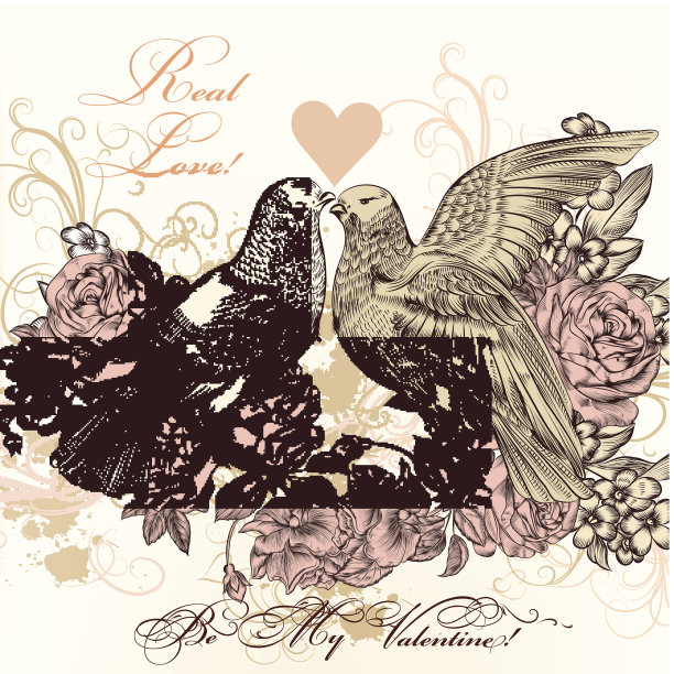 复古风格的鸟和玫瑰的时尚情人节卡片图片下载