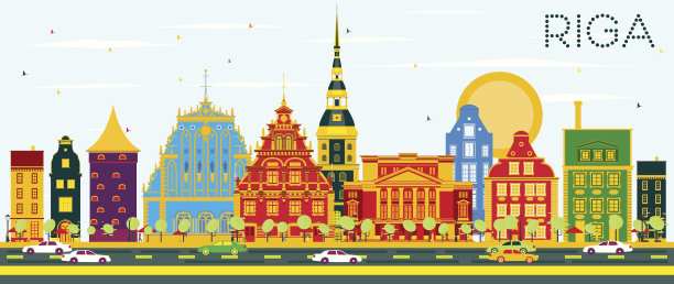 里加天际线与彩色建筑和蓝天。图片下载