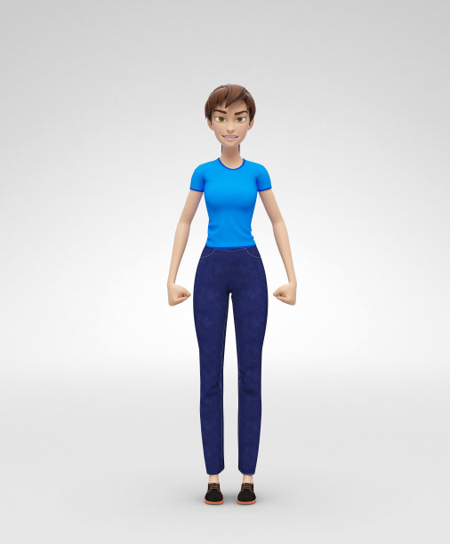 “愤怒、皱眉和紧张的珍妮——3D卡通女性角色模型——穿着休闲装，积极握拳”图片下载
