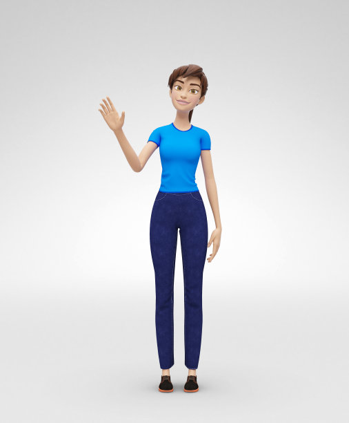 “高兴，微笑的珍妮- 3D卡通女性角色模型-挥手Hello，穿着休闲装”图片下载