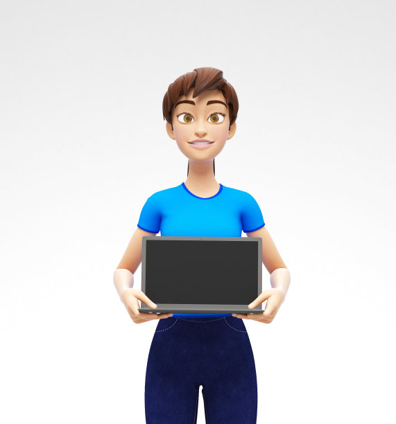 笔记本电脑模型与空白屏幕持有微笑和快乐的珍妮- 3D卡通女性角色在休闲服装图片下载