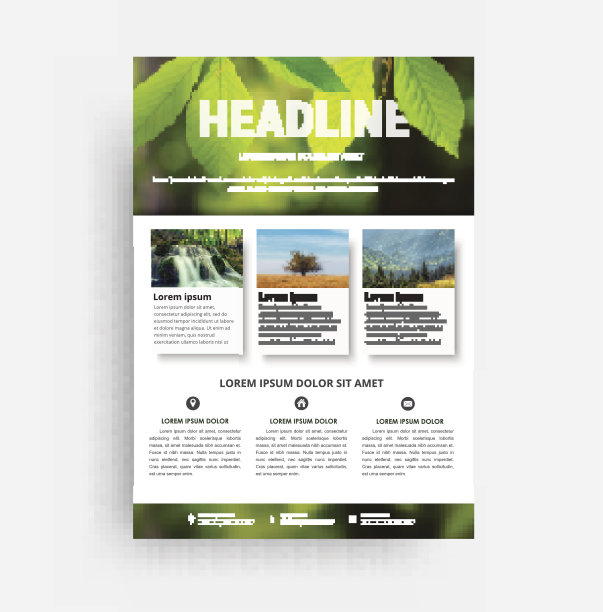 设计传单A4。一个带有树叶、瀑布和山的照片的宣传册模板素材图片