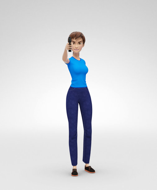 “愤怒和好斗的坏珍妮- 3D卡通女性角色模型-武装和危险的犯罪分子用枪威胁，穿着休闲装”图片下载