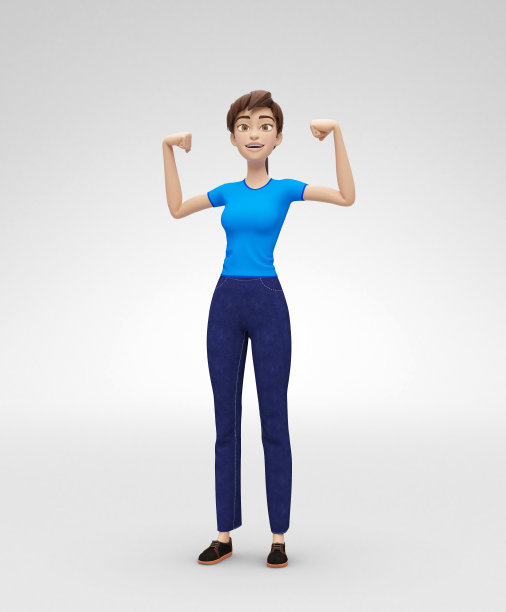 “自信、强壮的珍妮——3D卡通女性角色模型——穿着休闲装，展现力量和肌肉”图片下载