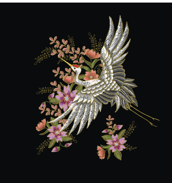 日本白鹤和花。刺绣向量。素材图片