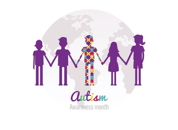 自闭症意识月丰富多彩的背景与拼图，孩子和星球。图片下载