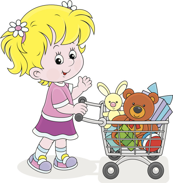 拿着一购物车玩具的女孩图片下载