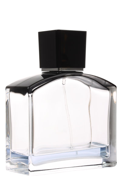 蓝色矩形香水，黑色盖隔离在白色图片下载