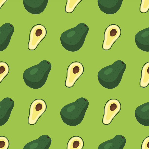 卡通新鲜牛油果水果平面风格无缝图案美食夏季矢量插画设计素材图片