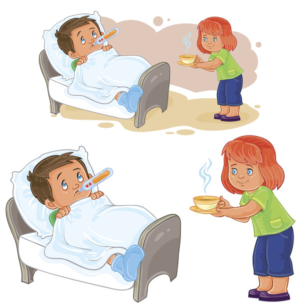 矢量小女孩给躺在床上生病的小男孩端来了热饮。图片下载