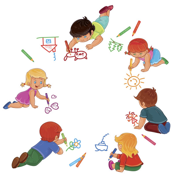 矢量小男孩和女孩用彩色铅笔画。图片下载