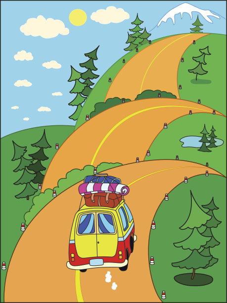 在山路上度假的汽车。图片下载