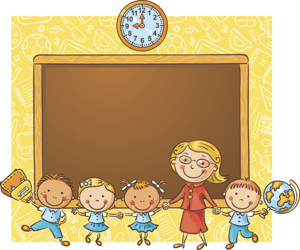 快乐的学生和他们的老师在黑板上图片下载