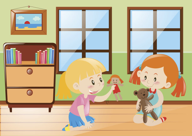 两个女孩在房间里玩洋娃娃图片下载