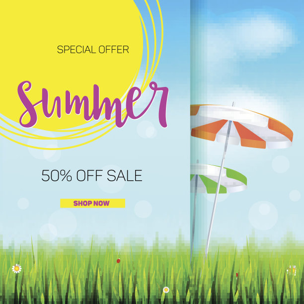 夏天出售旗帜。时尚的广告文字海报在蓝色的夏季天空背景云，太阳伞，草，雏菊和瓢虫。模板模拟网上购物，广告行动图片下载