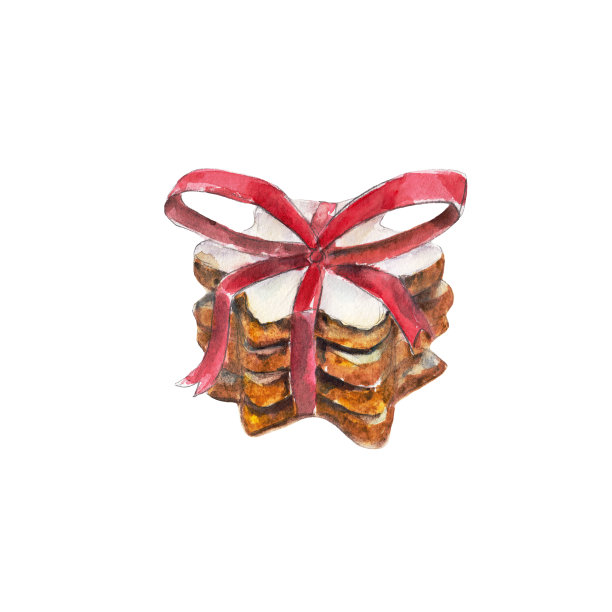 饼干堆红色丝带和一个蝴蝶结孤立在白色背景，水彩插图手绘风格。图片下载