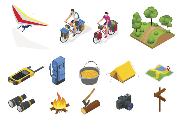 等距悬挂式滑翔机，骑自行车的人用旅行袋旅行，露营装备用白色矢量隔离收集。基地营地装备和附件。图片下载
