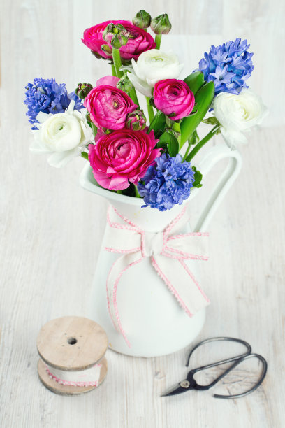 金凤花和风信子在水罐里开花图片下载