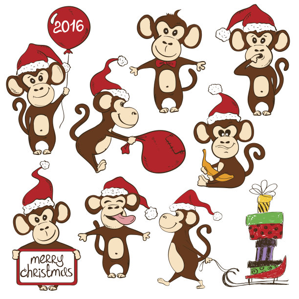 一组孤立的有趣的猴子图标。图片下载