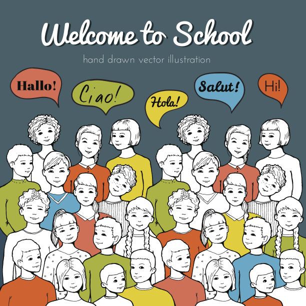 儿童与不同外语的对话气泡插画图片下载