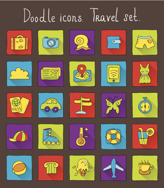 带阴影的彩色涂鸦图标。旅游集图片下载