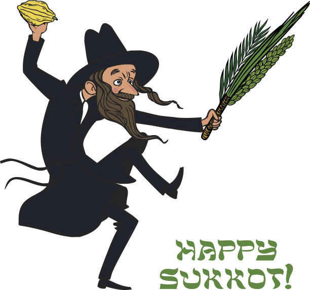 滑稽的卡通犹太男子与住棚的仪式植物跳舞。图片下载