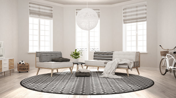 斯堪的纳维亚极简主义客厅，沙发，扶手椅和地毯，现代室内设计图片下载