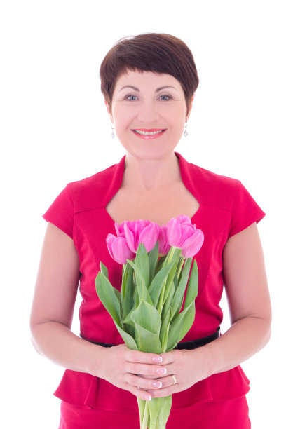 中年妇女与花孤立在白色图片下载