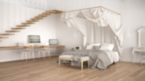 模糊的背景室内设计，极简的白色和灰色卧室顶棚床与家庭工作场所图片下载