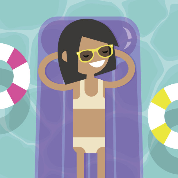 年轻的女性角色躺在游泳池的充气床垫上。顶视图/平面可编辑矢量插图，剪辑艺术图片下载