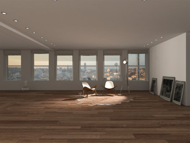 空阁楼室内设计，客厅扶手椅，牛地毯和装饰，全景窗户图片下载