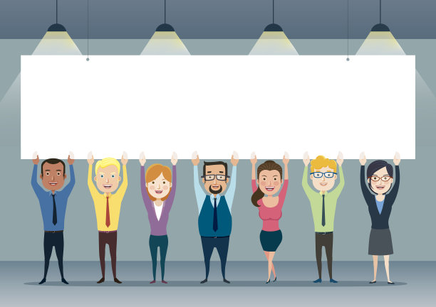 快乐微笑的商业团队举着空白的广告牌，横幅。不同的民族和服饰。矢量插图在一个平坦的风格。素材图片