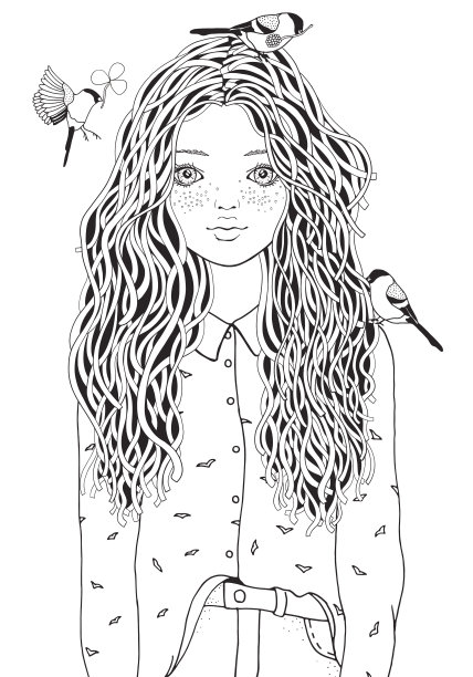 穿衬衫的可爱女孩。鸟儿在飞翔。成人涂色书页。黑色和白色。涂鸦风格。图片下载