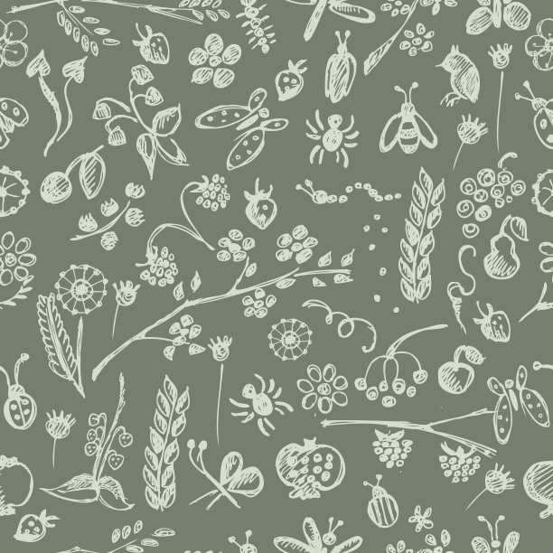 无缝矢量图案，背景用手画可爱的昆虫、动物、水果、花朵、树叶、装饰元素手绘线条。涂鸦风格系列手绘无缝图案。图片下载