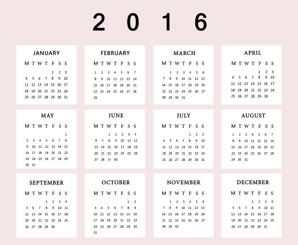 白色背景的2016年日历。图片下载