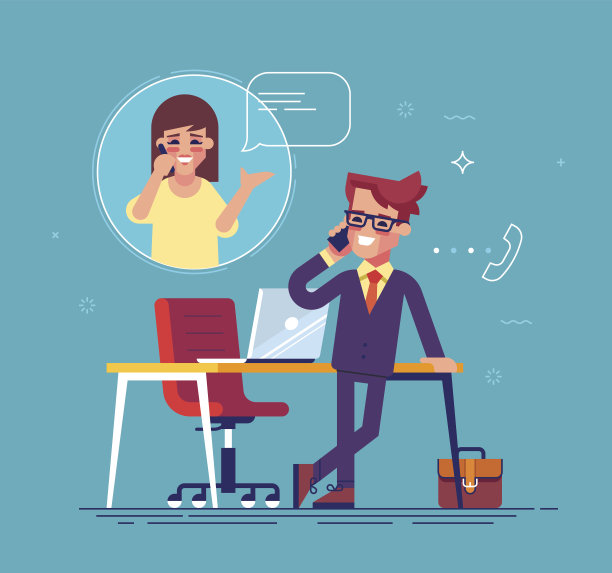 自信的商人盘腿站着，靠在桌子上和一个女人通电话。业务联系的概念。向量。素材图片